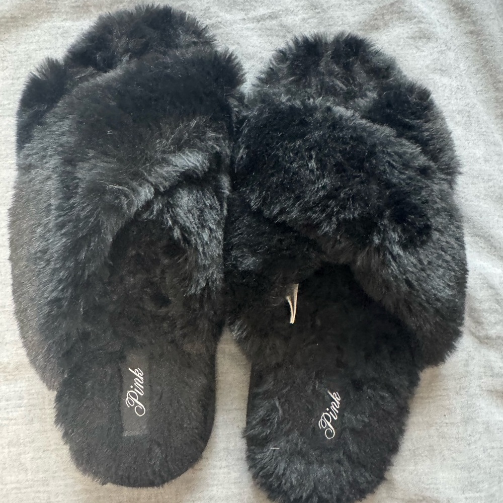 PINK Victoria's Secret Plush Black Slippers